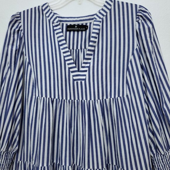 Tuckernuck Pomander Place Blue and White Stripe Cotton Poplin Kenzo Dress Medium - Picture 6 of 13